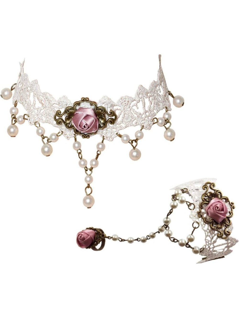 Gothic Vintage Lace Choker & Bracelet Ring Set - Charm Pendant Beads Jewelry